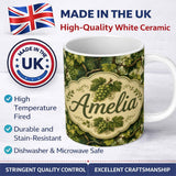 Personalized Custom Name Green Grape Vine Leaves Botanical Seamless Pattern Cute Unique Gift 11oz Ceramic Coffee Tea Mug White Large Handle