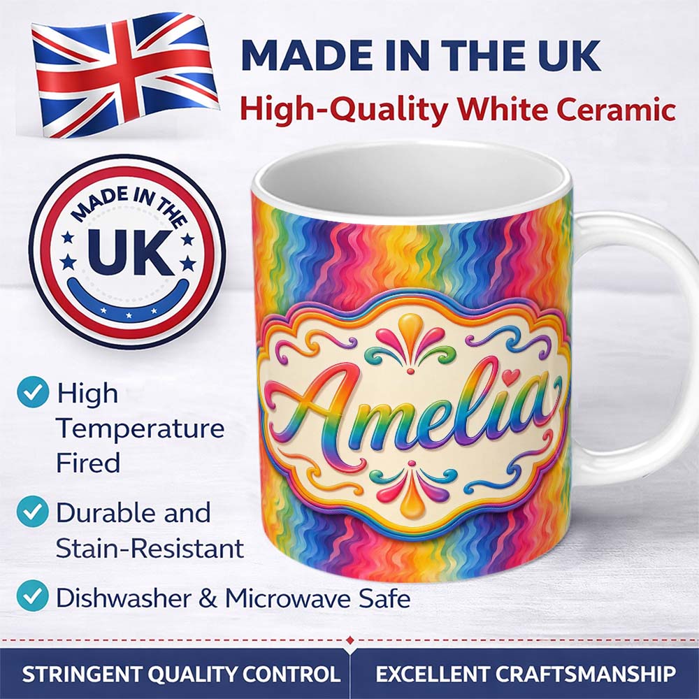 Personalized Custom Name Abstract Rainbow Wavy Gradient Flow Seamless Pattern Lovely 11oz Ceramic Coffee Tea Mug White Large Handle