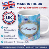 Personalized Custom Name Peacock Feather Iridescent Blue Watercolor Seamless Pattern Lovely 11oz Ceramic Coffee Tea Mug White Large Handle