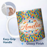 Personalized Custom Name Colorful Abstract Fluid Paint Pattern Bright Artistic Seamless 11oz Ceramic Coffee Tea Mug White Large Handle