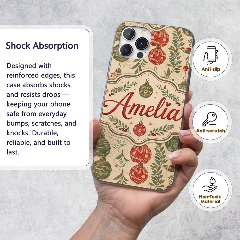 Elegant Christmas Holly Leaves with Berries and Custom Name Protective Phone Case Mobile Cover Durable Everyday Smartphone Shock Resistant