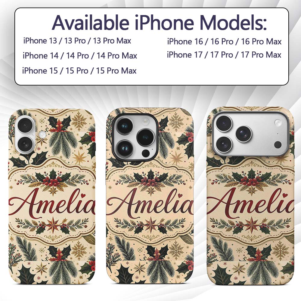 Festive Christmas Collage with Vintage Cards Bows Custom Name Protective Phone Case Mobile Cover Durable Everyday Smartphone Shock Resistant