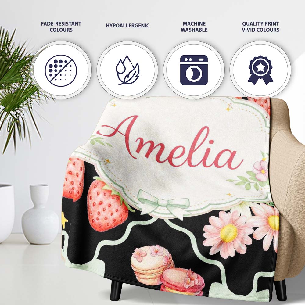 Strawberry Cherry Daisy White Pastel Outline Cute Coquette Floral  Personalised Custom Name Super Soft Fleece Blanket Bed Sofa Throw