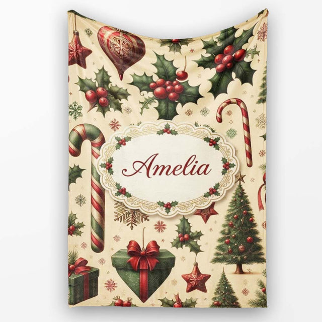 Vintage Christmas Ornaments Candy Canes Holly Berries and Festive  Personalised Custom Name Super Soft Fleece Blanket Bed Sofa Throw