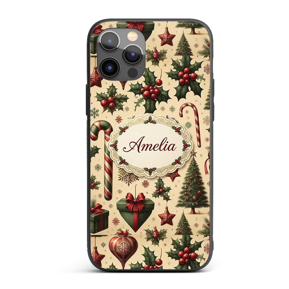 Vintage Christmas Ornaments Candy Canes Holly Custom Name Protective Phone Case Mobile Cover Durable Everyday Smartphone Shock Resistant