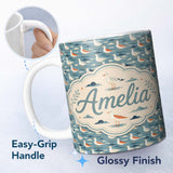 Personalized Custom Name Stylized Seagulls with Abstract Ocean Shapes Seamless Pattern Lovely 11oz Ceramic Coffee Tea Mug White Large Handle