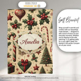Vintage Christmas Ornaments Candy Canes Holly Berries and Festive  Personalised Custom Name Super Soft Fleece Blanket Bed Sofa Throw