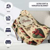 Vintage Christmas Ornaments Candy Canes Holly Berries and Festive  Personalised Custom Name Super Soft Fleece Blanket Bed Sofa Throw