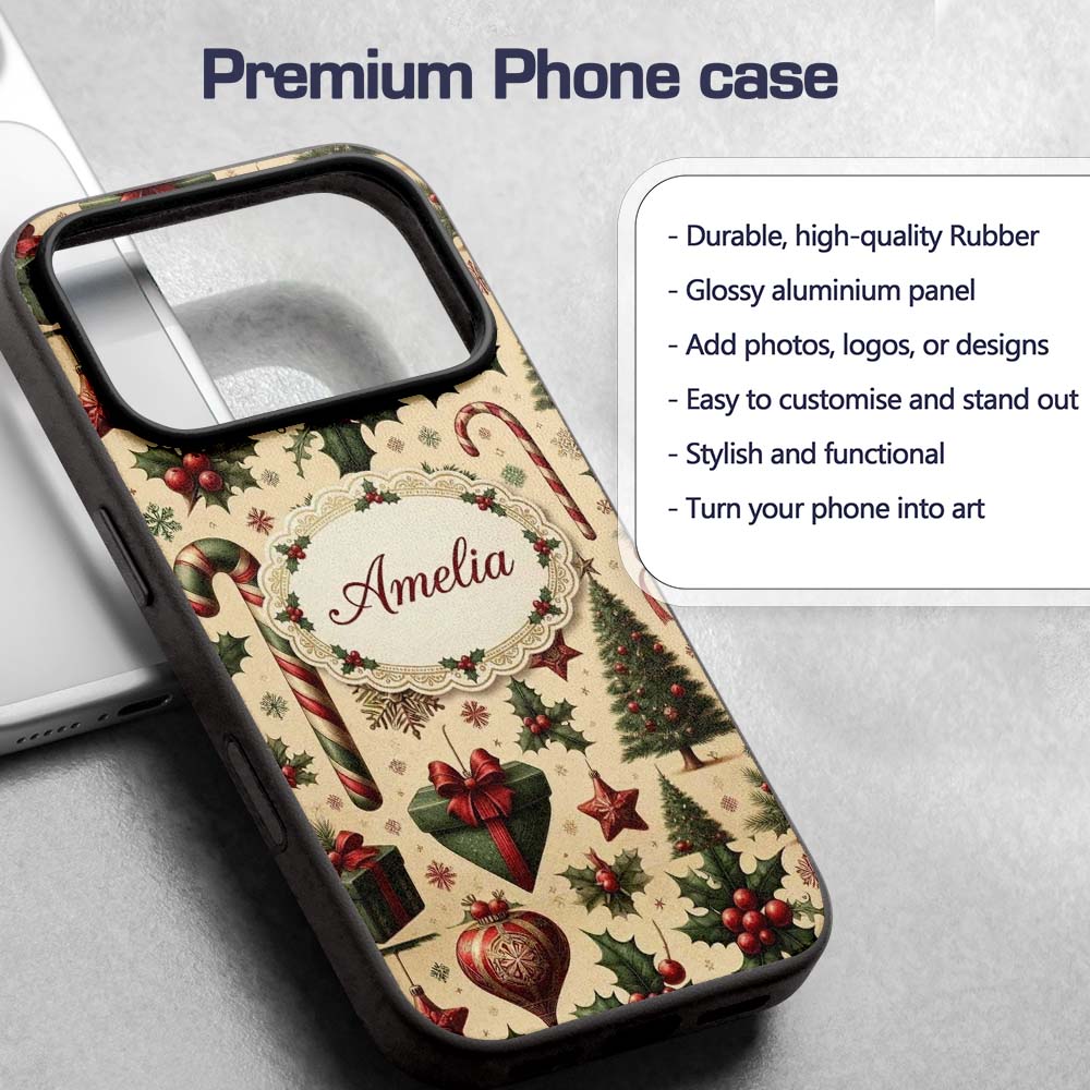 Vintage Christmas Ornaments Candy Canes Holly Custom Name Protective Phone Case Mobile Cover Durable Everyday Smartphone Shock Resistant