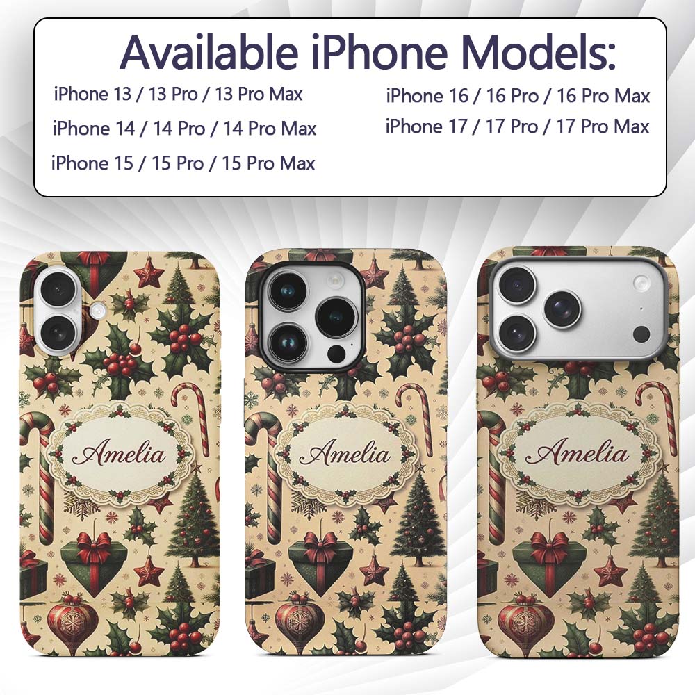 Vintage Christmas Ornaments Candy Canes Holly Custom Name Protective Phone Case Mobile Cover Durable Everyday Smartphone Shock Resistant