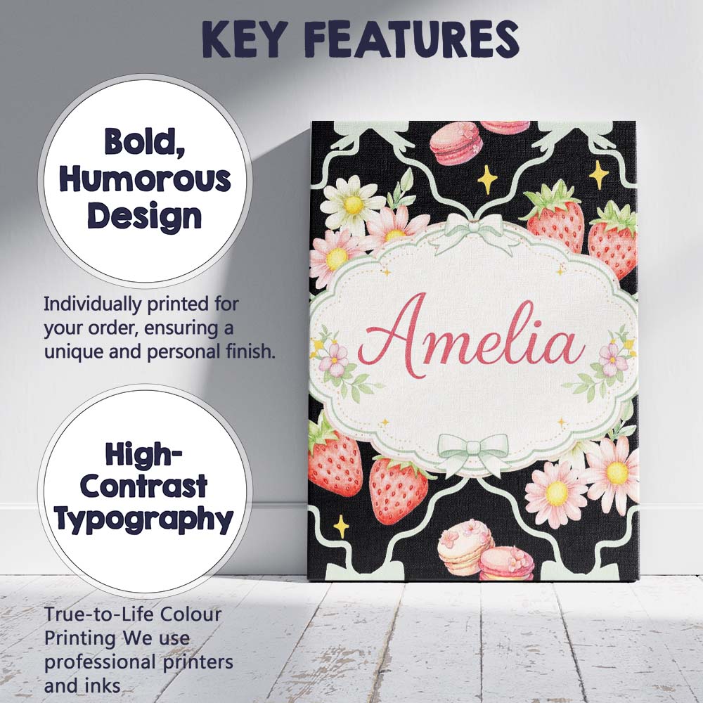 Personalised Name Strawberry Cherry Daisy White Pastel Outline Cute Custom Canvas Wall Art Print Decor Picture Ready to Hang