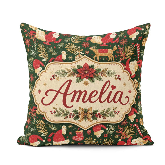 Custom Name Christmas Santa Reindeer Gifts and Elements Seamless Square Filled Cushion Throw Pillow Sofa Bed Home Decor Zip Washable UK Made