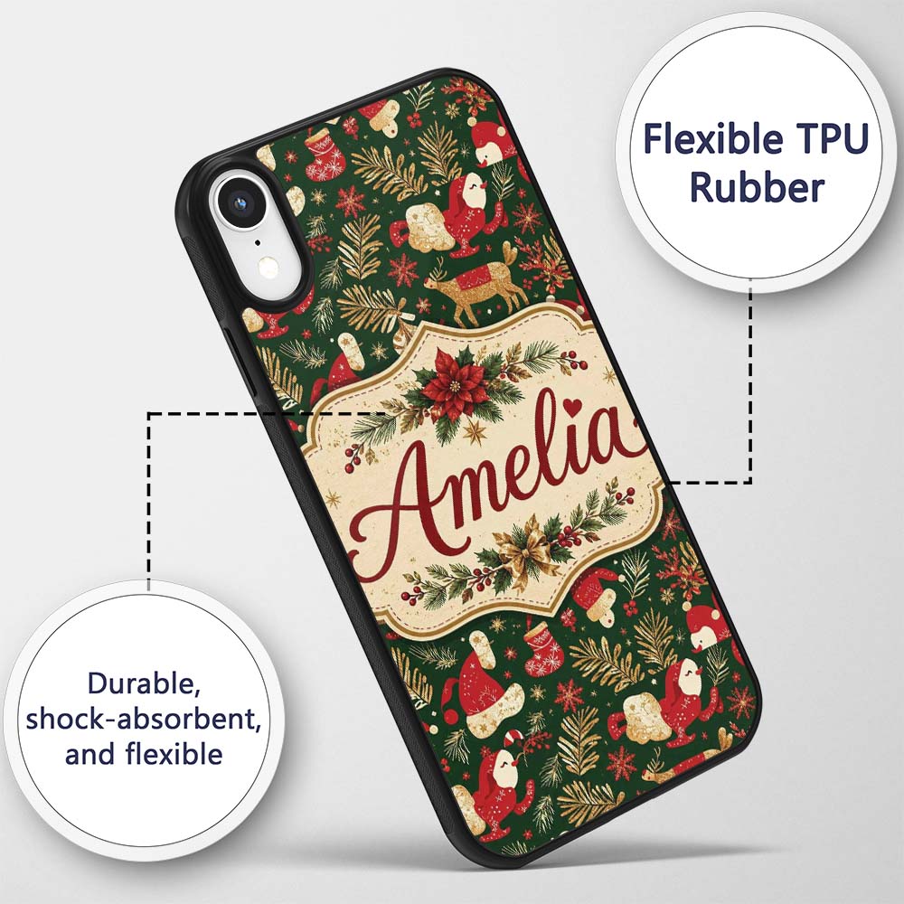 Cute Christmas Santa Reindeer Gifts and Holiday Custom Name Protective Phone Case Mobile Cover Durable Everyday Smartphone Shock Resistant