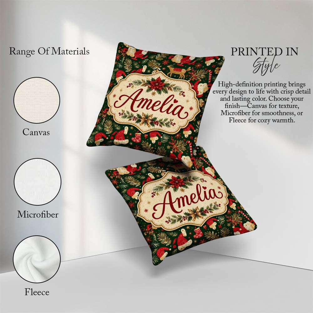 Custom Name Christmas Santa Reindeer Gifts and Elements Seamless Square Filled Cushion Throw Pillow Sofa Bed Home Decor Zip Washable UK Made