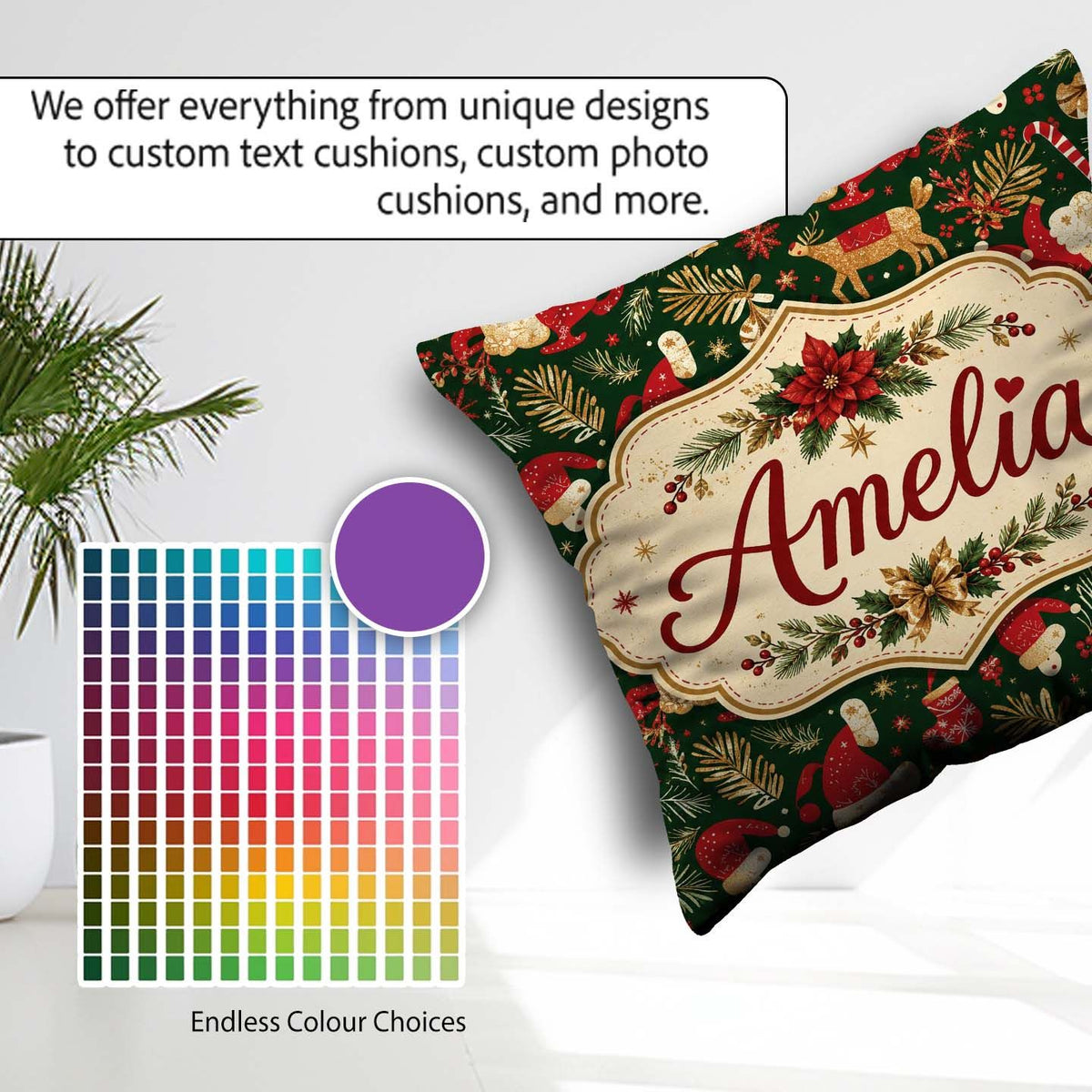 Custom Name Christmas Santa Reindeer Gifts and Elements Seamless Square Filled Cushion Throw Pillow Sofa Bed Home Decor Zip Washable UK Made
