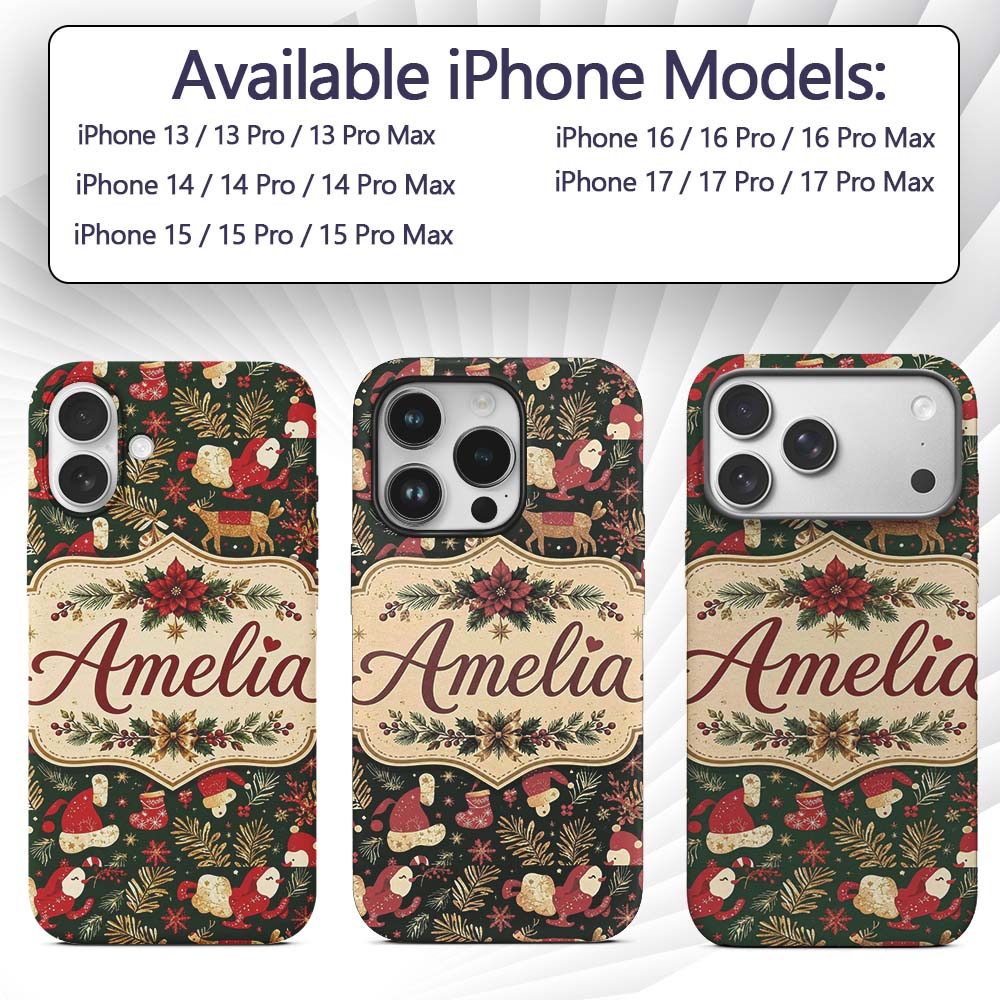 Cute Christmas Santa Reindeer Gifts and Holiday Custom Name Protective Phone Case Mobile Cover Durable Everyday Smartphone Shock Resistant