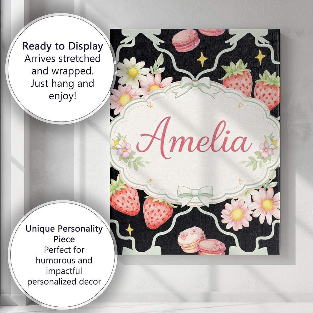 Personalised Name Strawberry Cherry Daisy White Pastel Outline Cute Custom Canvas Wall Art Print Decor Picture Ready to Hang