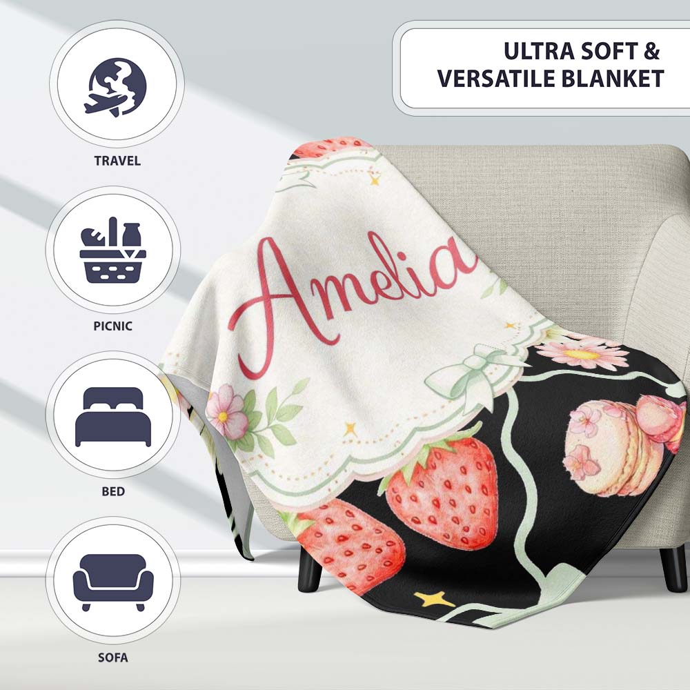 Strawberry Cherry Daisy White Pastel Outline Cute Coquette Floral  Personalised Custom Name Super Soft Fleece Blanket Bed Sofa Throw