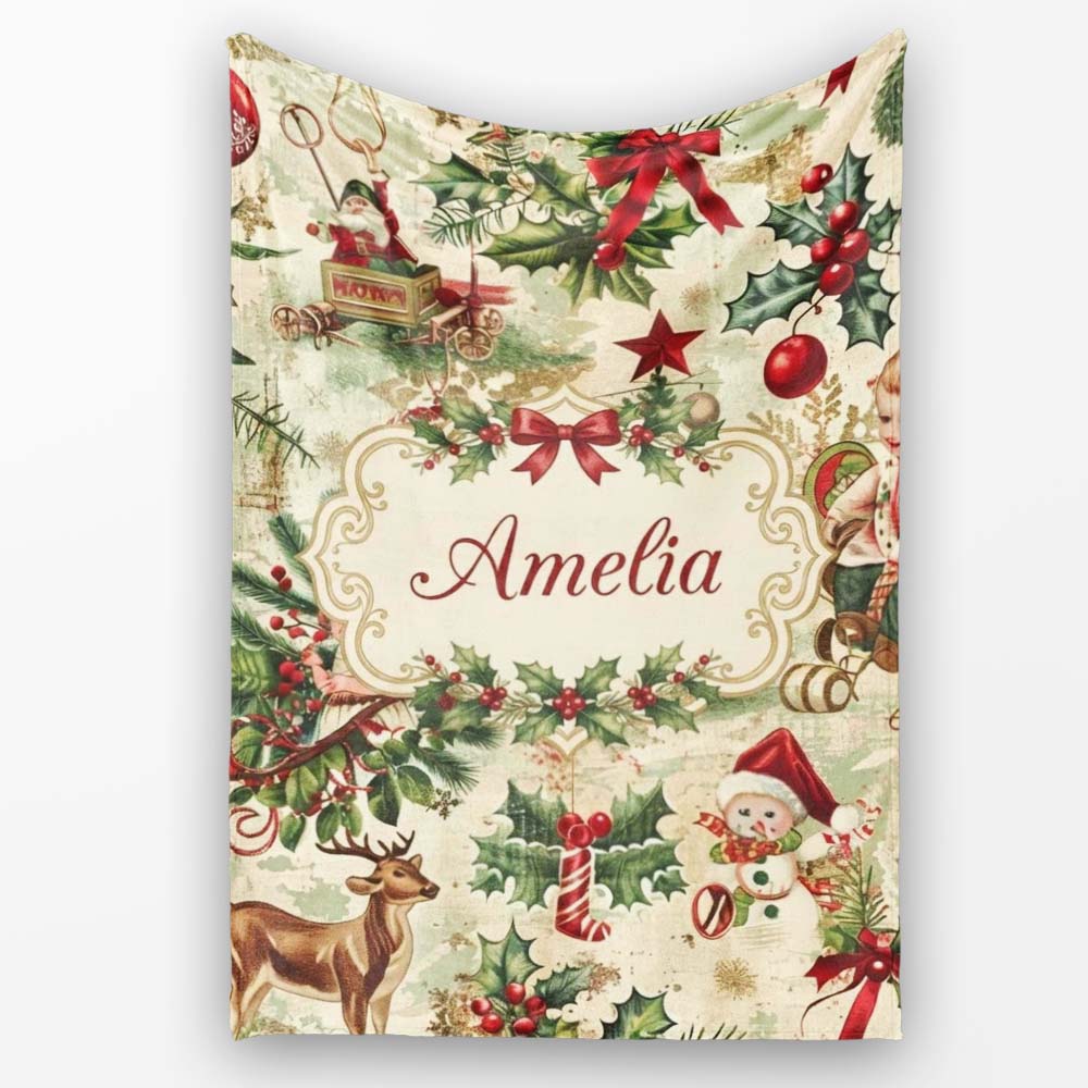 Vintage Christmas Children Tree Snowman and Festive Illustrations  Personalised Custom Name Super Soft Fleece Blanket Bed Sofa Throw
