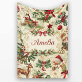 Vintage Christmas Children Tree Snowman and Festive Illustrations  Personalised Custom Name Super Soft Fleece Blanket Bed Sofa Throw