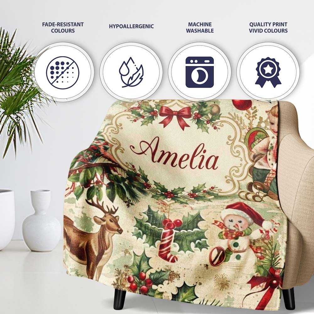Vintage Christmas Children Tree Snowman and Festive Illustrations  Personalised Custom Name Super Soft Fleece Blanket Bed Sofa Throw