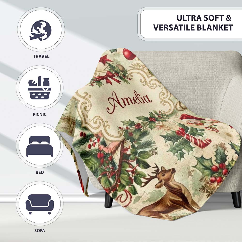 Vintage Christmas Children Tree Snowman and Festive Illustrations  Personalised Custom Name Super Soft Fleece Blanket Bed Sofa Throw