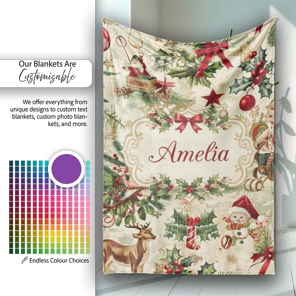 Vintage Christmas Children Tree Snowman and Festive Illustrations  Personalised Custom Name Super Soft Fleece Blanket Bed Sofa Throw