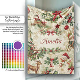 Vintage Christmas Children Tree Snowman and Festive Illustrations  Personalised Custom Name Super Soft Fleece Blanket Bed Sofa Throw