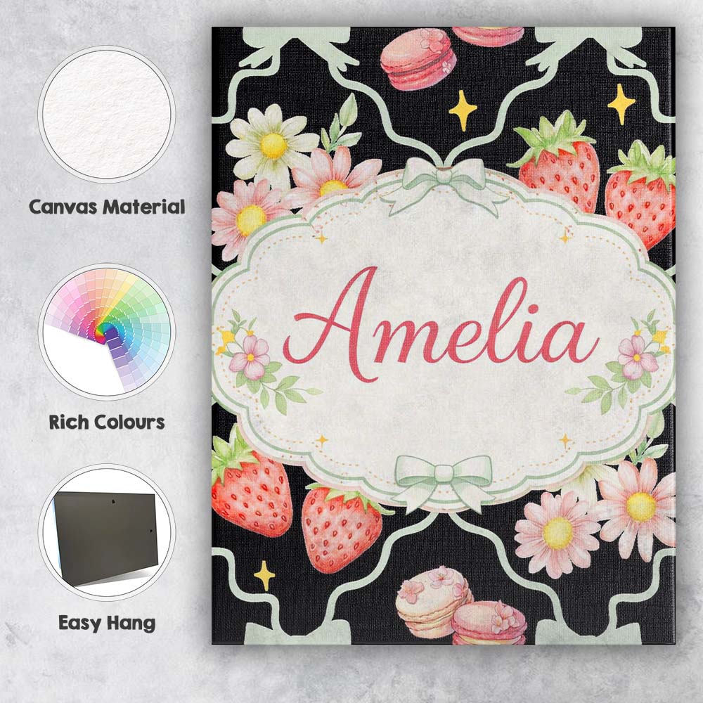 Personalised Name Strawberry Cherry Daisy White Pastel Outline Cute Custom Canvas Wall Art Print Decor Picture Ready to Hang