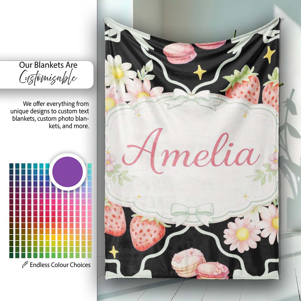 Strawberry Cherry Daisy White Pastel Outline Cute Coquette Floral  Personalised Custom Name Super Soft Fleece Blanket Bed Sofa Throw