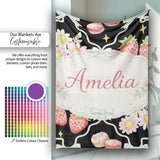 Strawberry Cherry Daisy White Pastel Outline Cute Coquette Floral  Personalised Custom Name Super Soft Fleece Blanket Bed Sofa Throw
