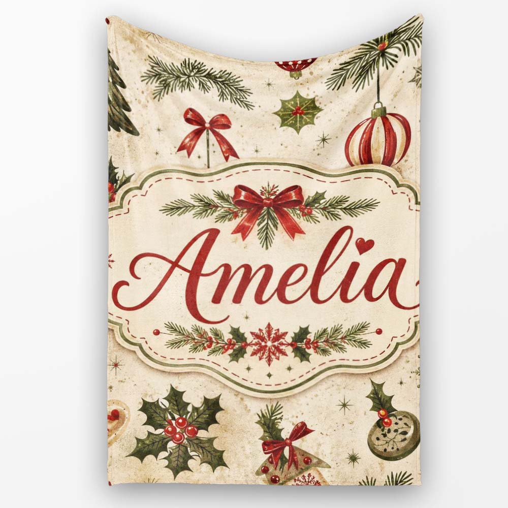 Minimal Christmas Ornaments Pine Branches and Bows Seamless Pattern  Personalised Custom Name Super Soft Fleece Blanket Bed Sofa Throw
