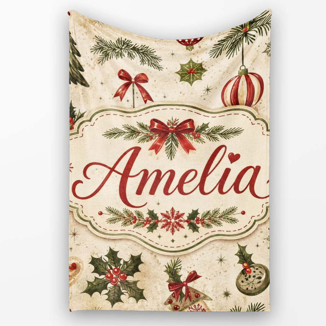 Minimal Christmas Ornaments Pine Branches and Bows Seamless Pattern  Personalised Custom Name Super Soft Fleece Blanket Bed Sofa Throw