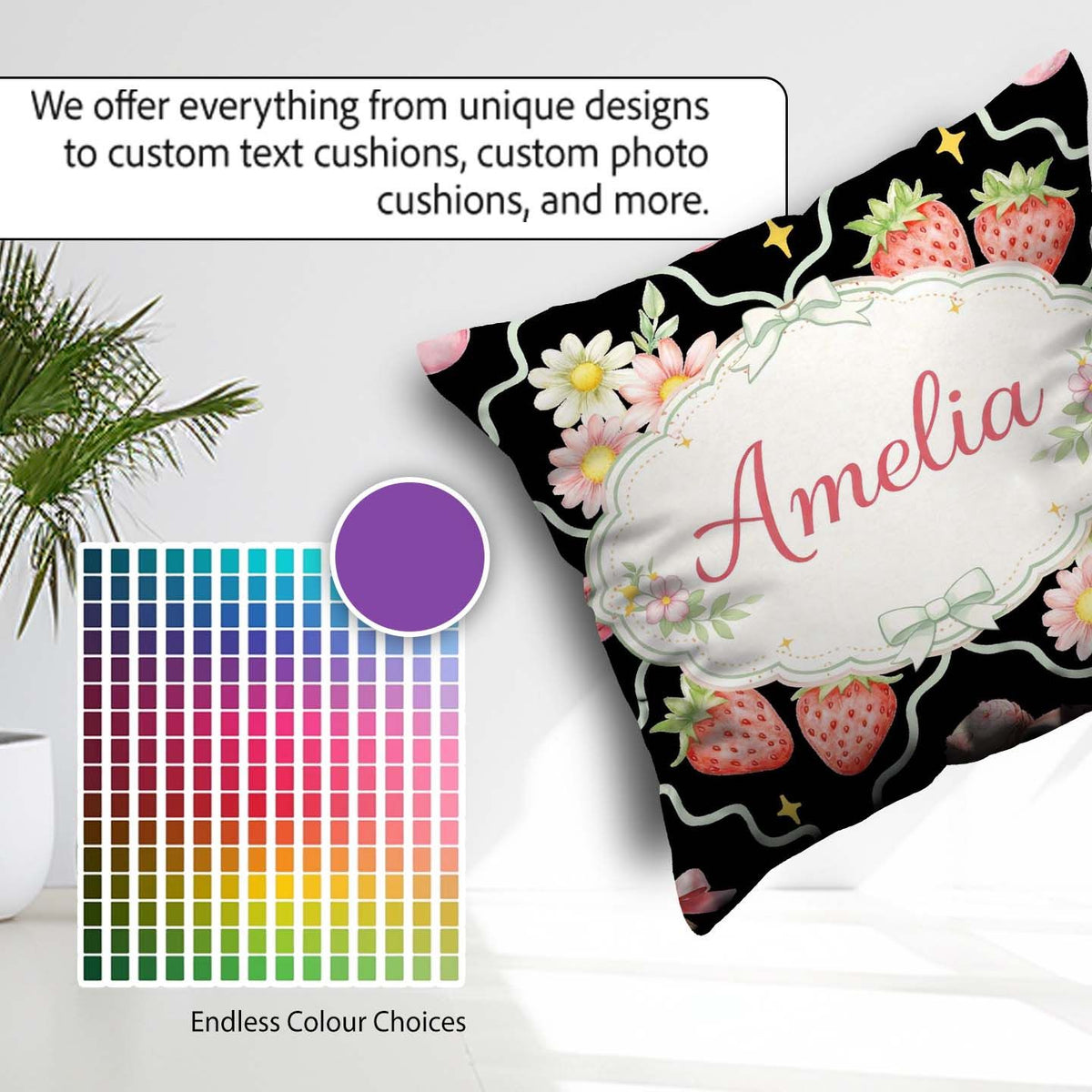Custom Name Strawberry Cherry Daisy White Pastel Coquette Floral Square Filled Cushion Throw Pillow Sofa Bed Home Decor Zip Washable UK Made