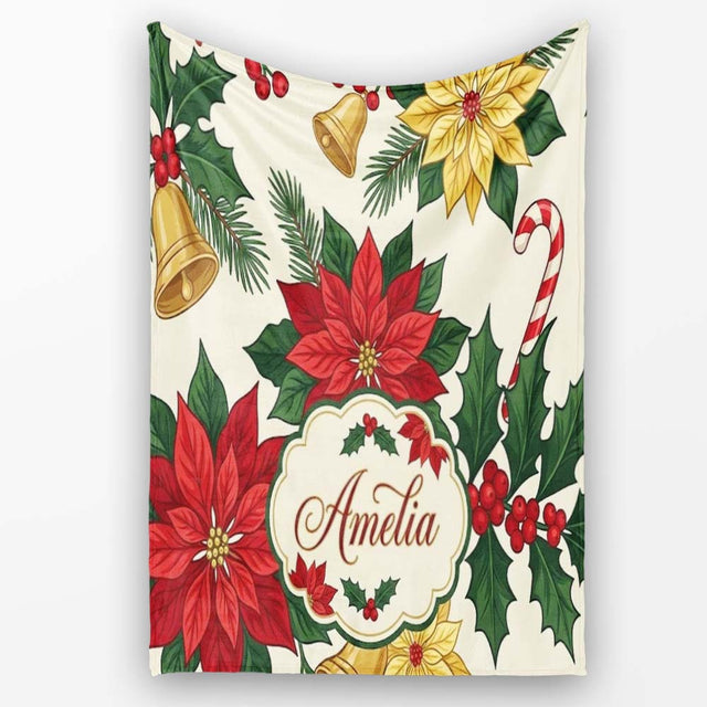 Vintage Holly Leaves Bells Poinsettia and Festive Botanical Seamless  Personalised Custom Name Super Soft Fleece Blanket Bed Sofa Throw