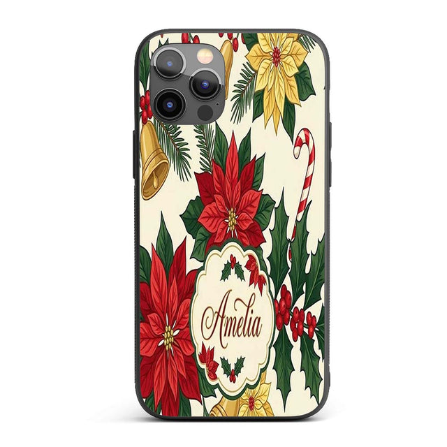 Vintage Holly Leaves Bells Poinsettia and Festive Custom Name Protective Phone Case Mobile Cover Durable Everyday Smartphone Shock Resistant
