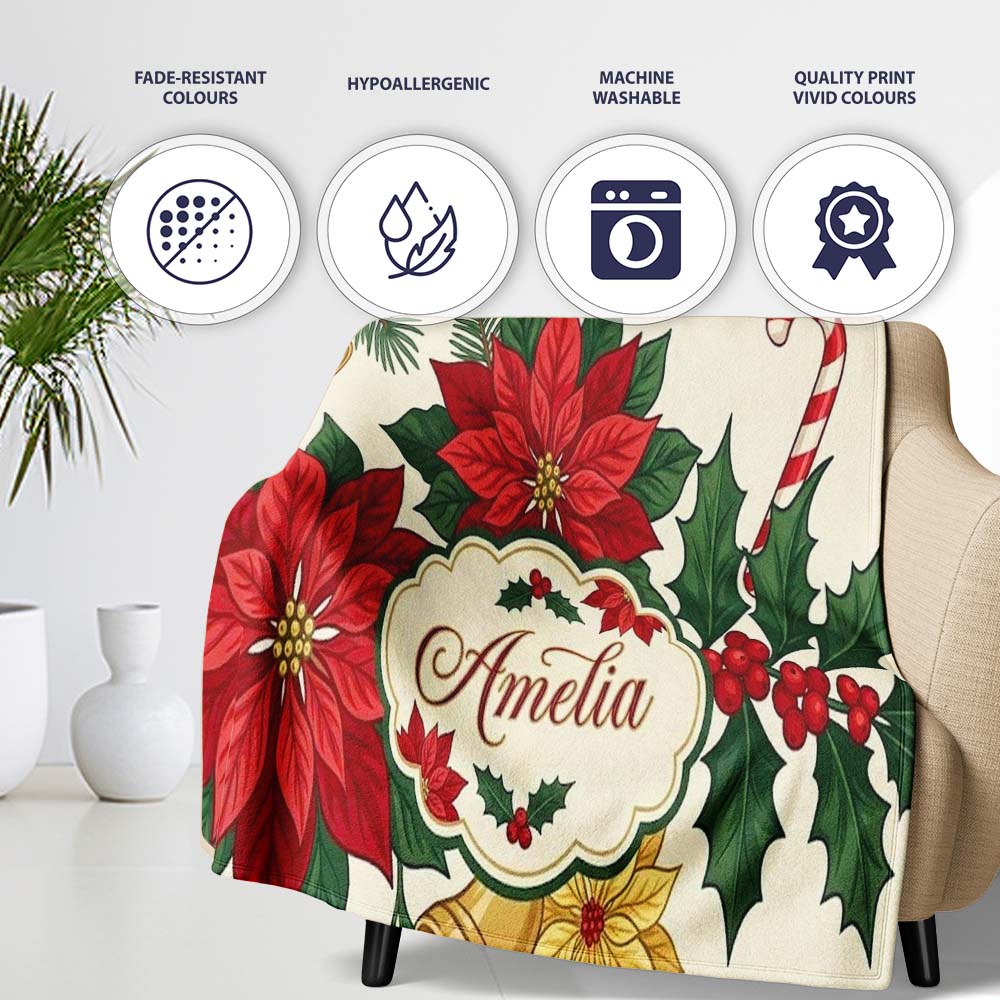 Vintage Holly Leaves Bells Poinsettia and Festive Botanical Seamless  Personalised Custom Name Super Soft Fleece Blanket Bed Sofa Throw