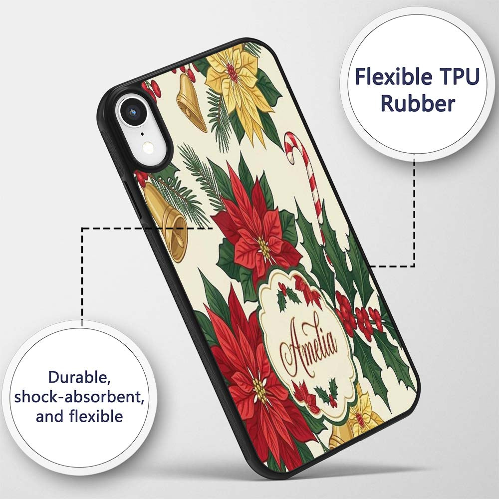 Vintage Holly Leaves Bells Poinsettia and Festive Custom Name Protective Phone Case Mobile Cover Durable Everyday Smartphone Shock Resistant