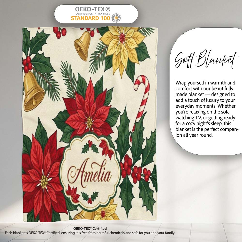 Vintage Holly Leaves Bells Poinsettia and Festive Botanical Seamless  Personalised Custom Name Super Soft Fleece Blanket Bed Sofa Throw