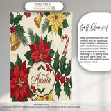 Vintage Holly Leaves Bells Poinsettia and Festive Botanical Seamless  Personalised Custom Name Super Soft Fleece Blanket Bed Sofa Throw