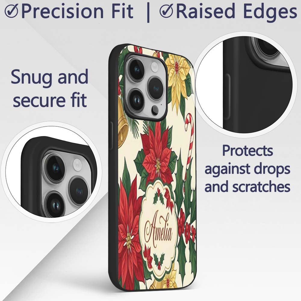 Vintage Holly Leaves Bells Poinsettia and Festive Custom Name Protective Phone Case Mobile Cover Durable Everyday Smartphone Shock Resistant