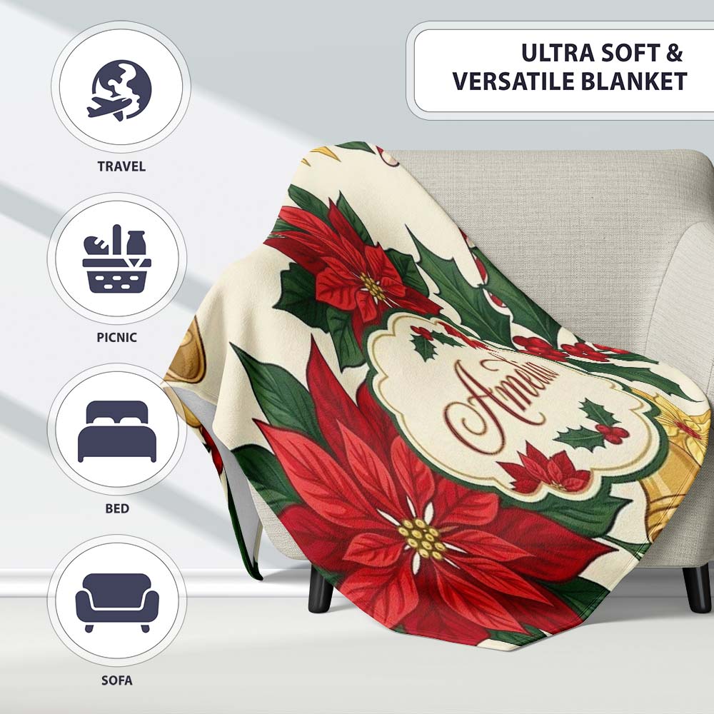 Vintage Holly Leaves Bells Poinsettia and Festive Botanical Seamless  Personalised Custom Name Super Soft Fleece Blanket Bed Sofa Throw