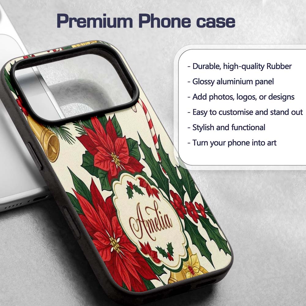 Vintage Holly Leaves Bells Poinsettia and Festive Custom Name Protective Phone Case Mobile Cover Durable Everyday Smartphone Shock Resistant