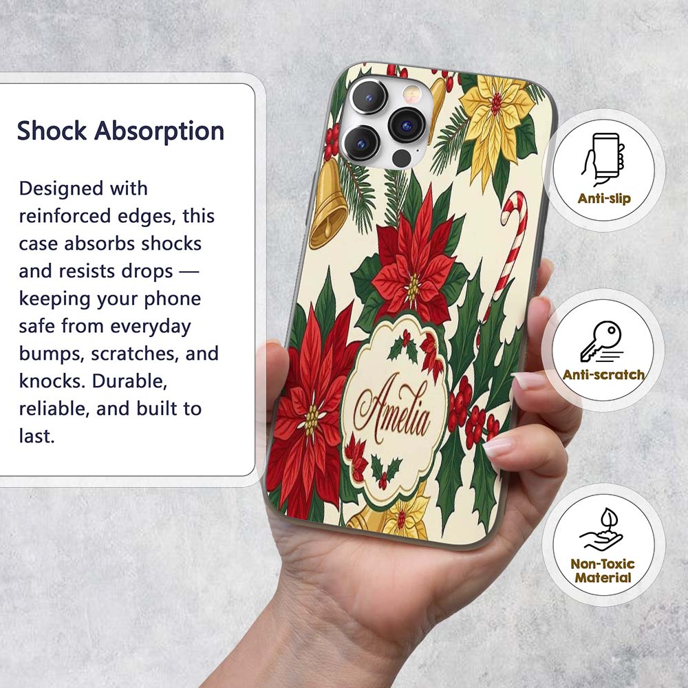 Vintage Holly Leaves Bells Poinsettia and Festive Custom Name Protective Phone Case Mobile Cover Durable Everyday Smartphone Shock Resistant