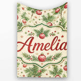 Christmas Pine Branches Red Baubles and Stars Seamless Pattern  Personalised Custom Name Super Soft Fleece Blanket Bed Sofa Throw