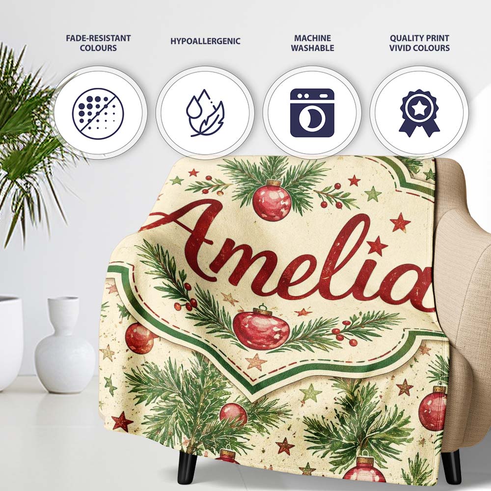 Christmas Pine Branches Red Baubles and Stars Seamless Pattern  Personalised Custom Name Super Soft Fleece Blanket Bed Sofa Throw