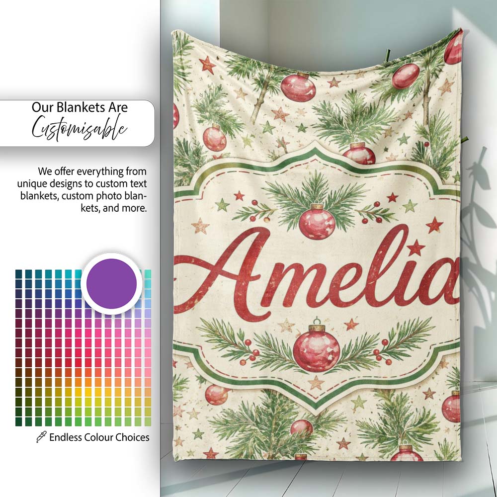 Christmas Pine Branches Red Baubles and Stars Seamless Pattern  Personalised Custom Name Super Soft Fleece Blanket Bed Sofa Throw