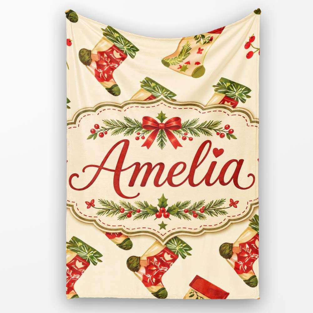 Festive Christmas Stockings Holly Berries and Holiday Decor Seamless  Personalised Custom Name Super Soft Fleece Blanket Bed Sofa Throw