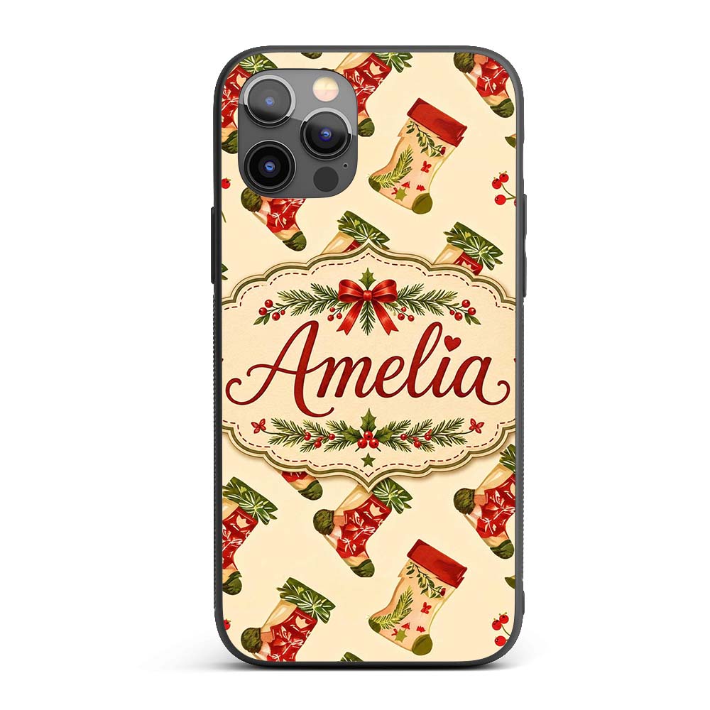 Festive Christmas Stockings Holly Berries and Custom Name Protective Phone Case Mobile Cover Durable Everyday Smartphone Shock Resistant