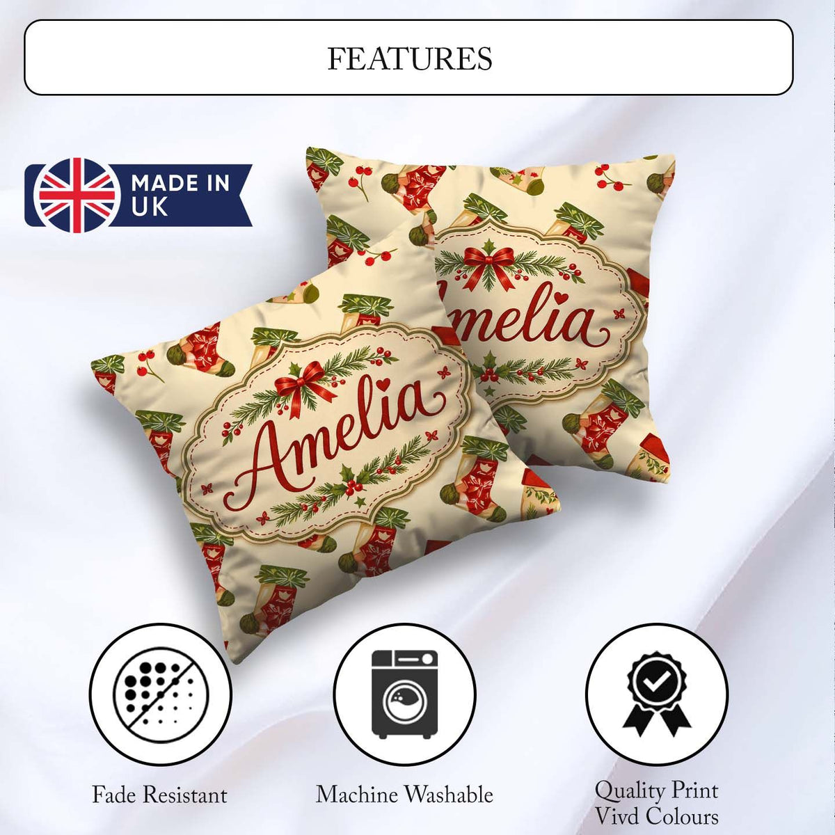 Custom Name Festive Christmas Holly Berries and Holiday Seamless Square Filled Cushion Throw Pillow Sofa Bed Home Decor Zip Washable UK Made